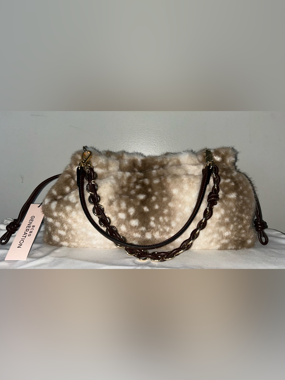 NEW! BCBG Generation Faux Fur Deer Print Shoulder Bag Light Fawn Beige
